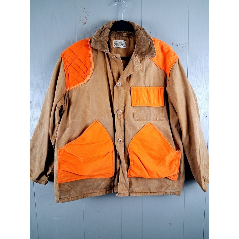 Vtg 80s SAFTBAK Hunting Jacket Duck Field Canvas Coat‎ L USA Biege Blaze Orange